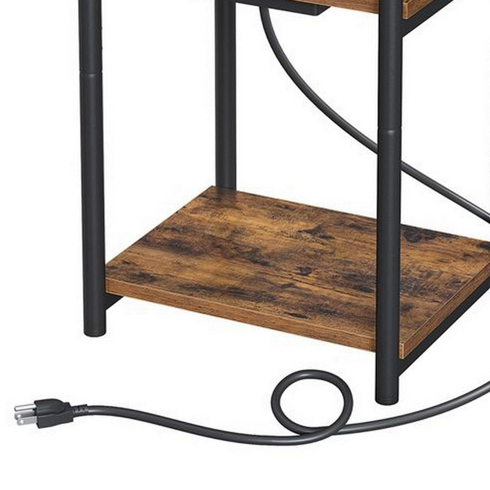 23 Inch Side End Table with USB Charging 1 Shelf Black Steel Brown Wood By Casagear Home BM315816