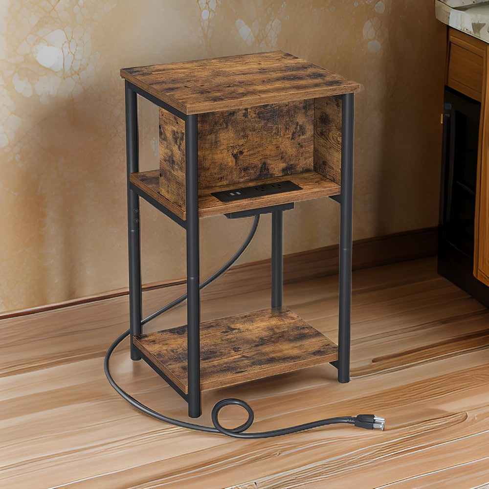 23 Inch Side End Table with USB Charging, 1 Shelf, Black Steel Brown Wood By Casagear Home