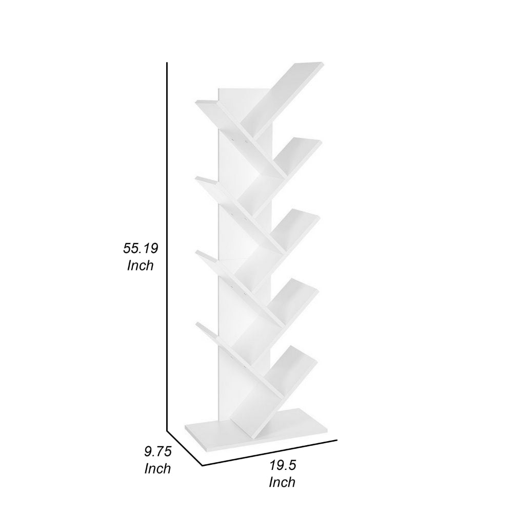 56 Inch Modern Bookcase 8 Tree Style Branched Shelves White Wood By Casagear Home BM315818