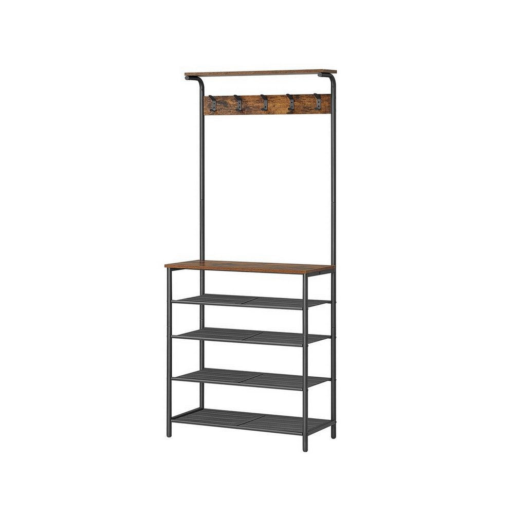 72 Inch Clothing Rack with Shoe Stand 5 Tier Shelves Hooks Black Iron By Casagear Home BM315820