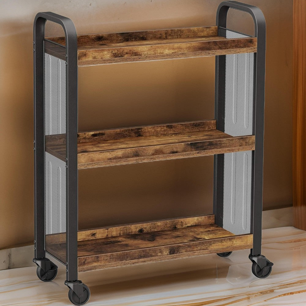 33 Inch Rolling Kitchen Bar Cart, 3 Shelves, Black Steel Brown Wood By Casagear Home