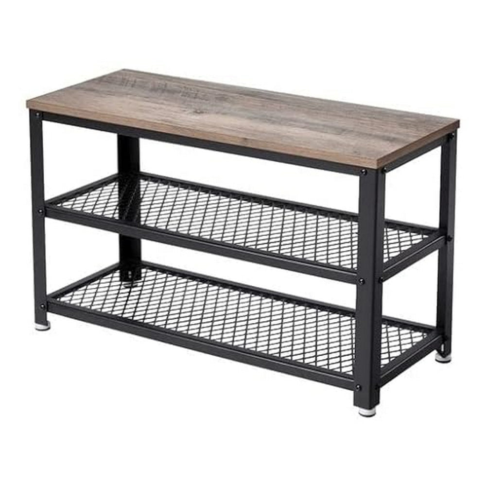 29 Inch Shoe Storage Bench 3 Tier Shelves Mesh Black Steel Brown Wood By Casagear Home BM315823