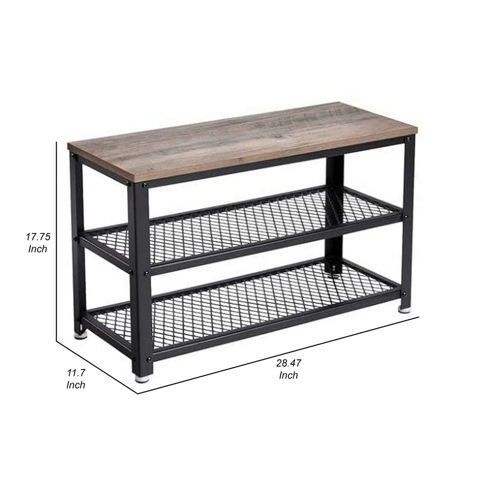 29 Inch Shoe Storage Bench 3 Tier Shelves Mesh Black Steel Brown Wood By Casagear Home BM315823