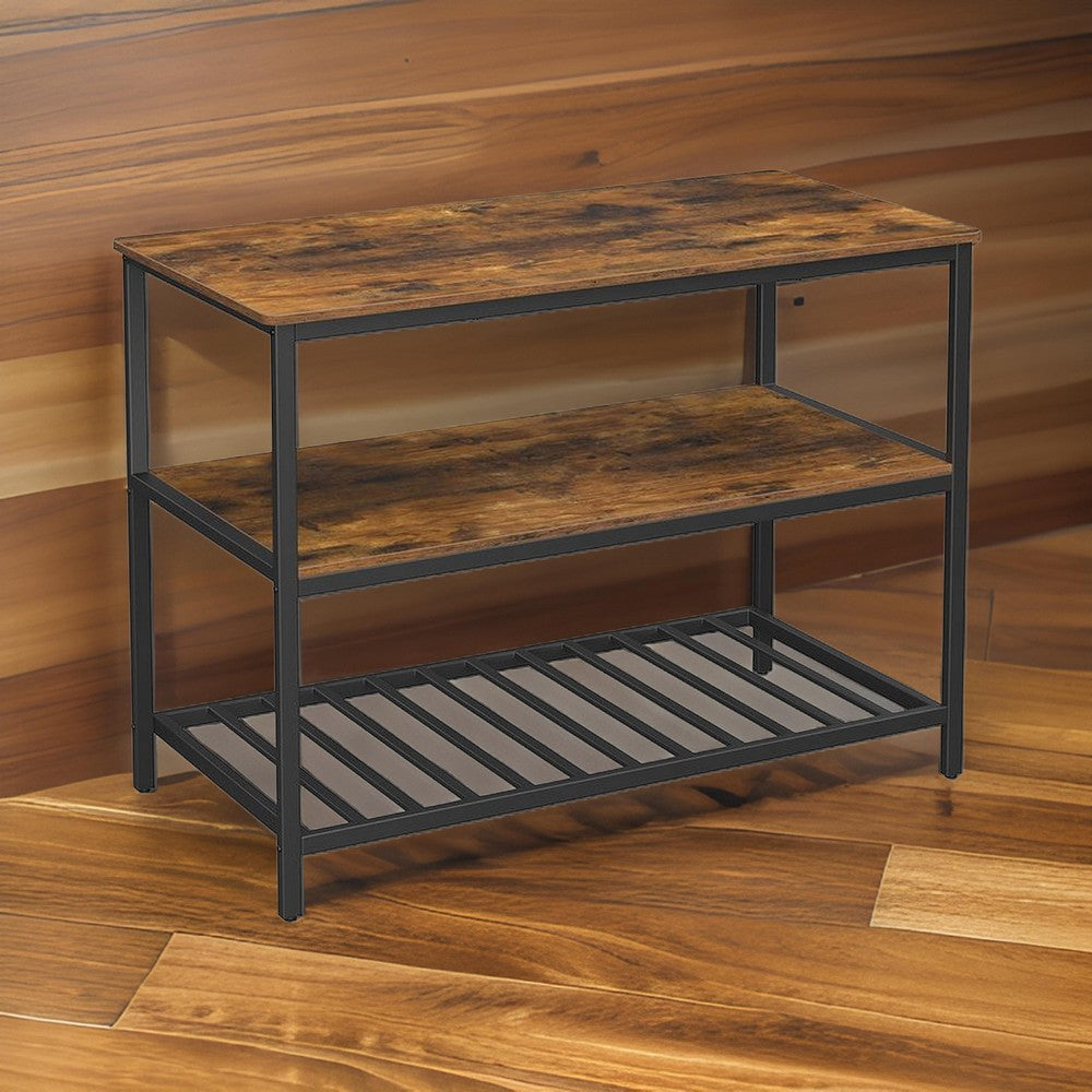 47 Inch Kitchen Storage Rack, 3 Tier Shelves, Black Iron, Brown Wood By Casagear Home