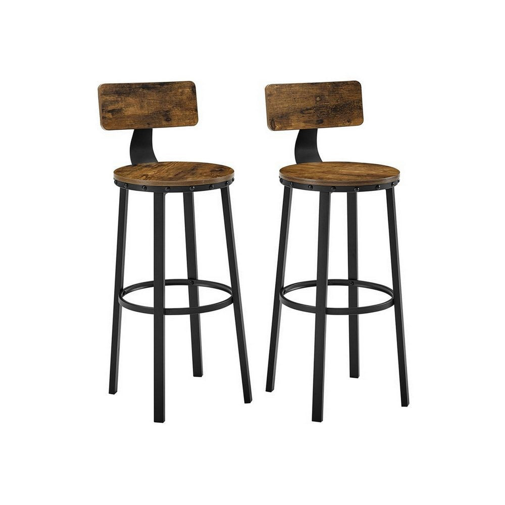 29 Inch Modern Barstool Chair Set of 2 Panel Back Brown Wood Black Iron By Casagear Home BM315827