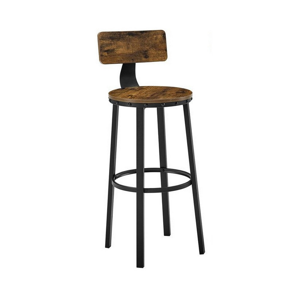 29 Inch Modern Barstool Chair Set of 2 Panel Back Brown Wood Black Iron By Casagear Home BM315827