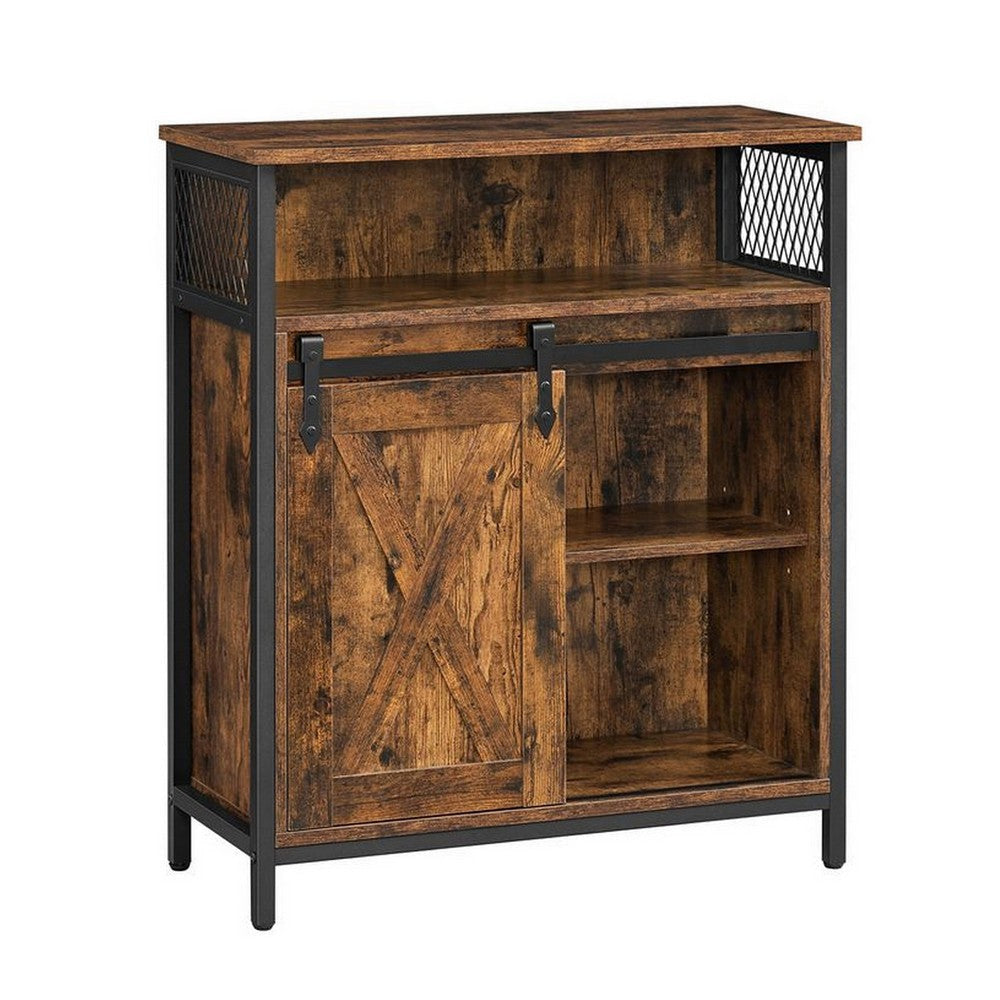 31 Inch Storage Cabinet Cupboard with Sliding Barn Door Rustic Brown Wood By Casagear Home BM315828