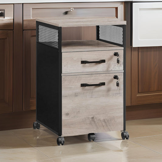 27 Inch File Storage Cabinet with Key Lock, Caster Wheels, Gray Black Wood By Casagear Home