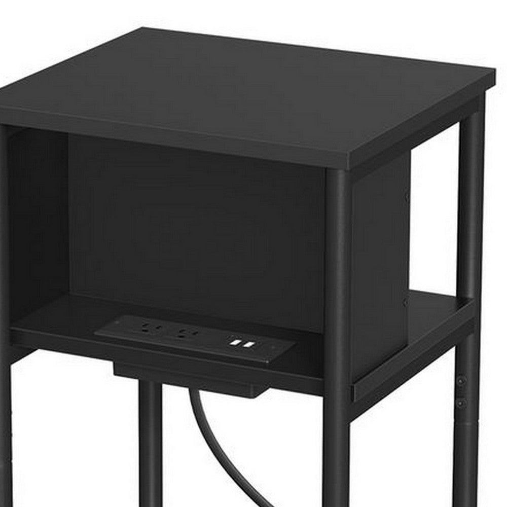 23 Inch Side End Table USB Charging Point Open Shelf Black Steel Wood By Casagear Home BM315831