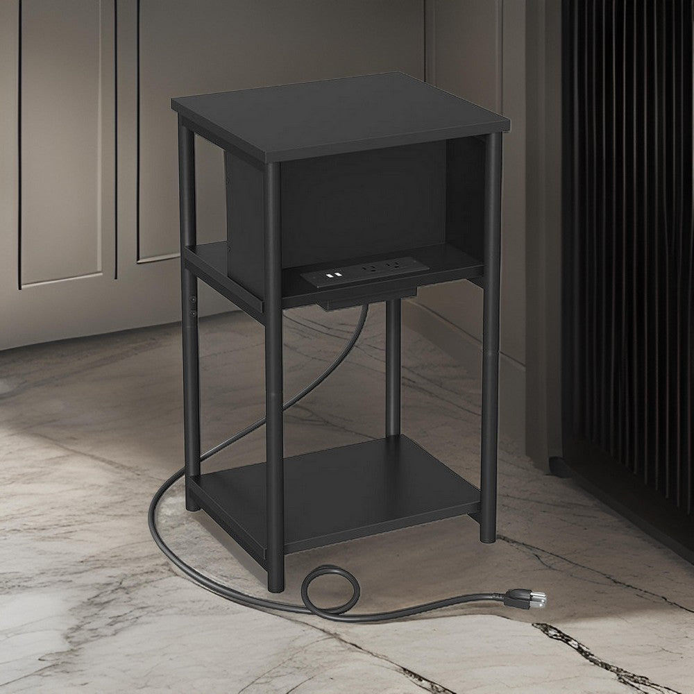 23 Inch Side End Table, USB Charging Point, Open Shelf, Black Steel Wood By Casagear Home