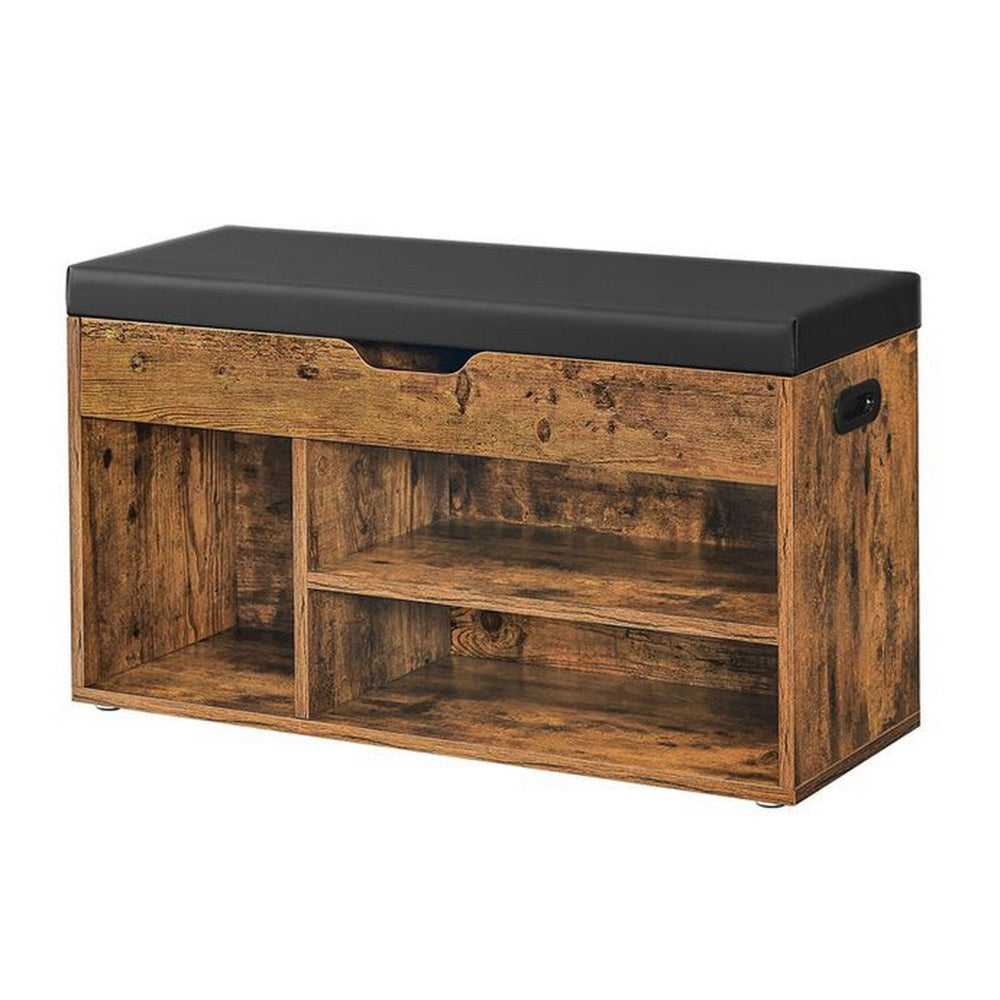 31 Inch Storage Bench with Black Padded Seat Open Shelves Brown Wood By Casagear Home BM315835