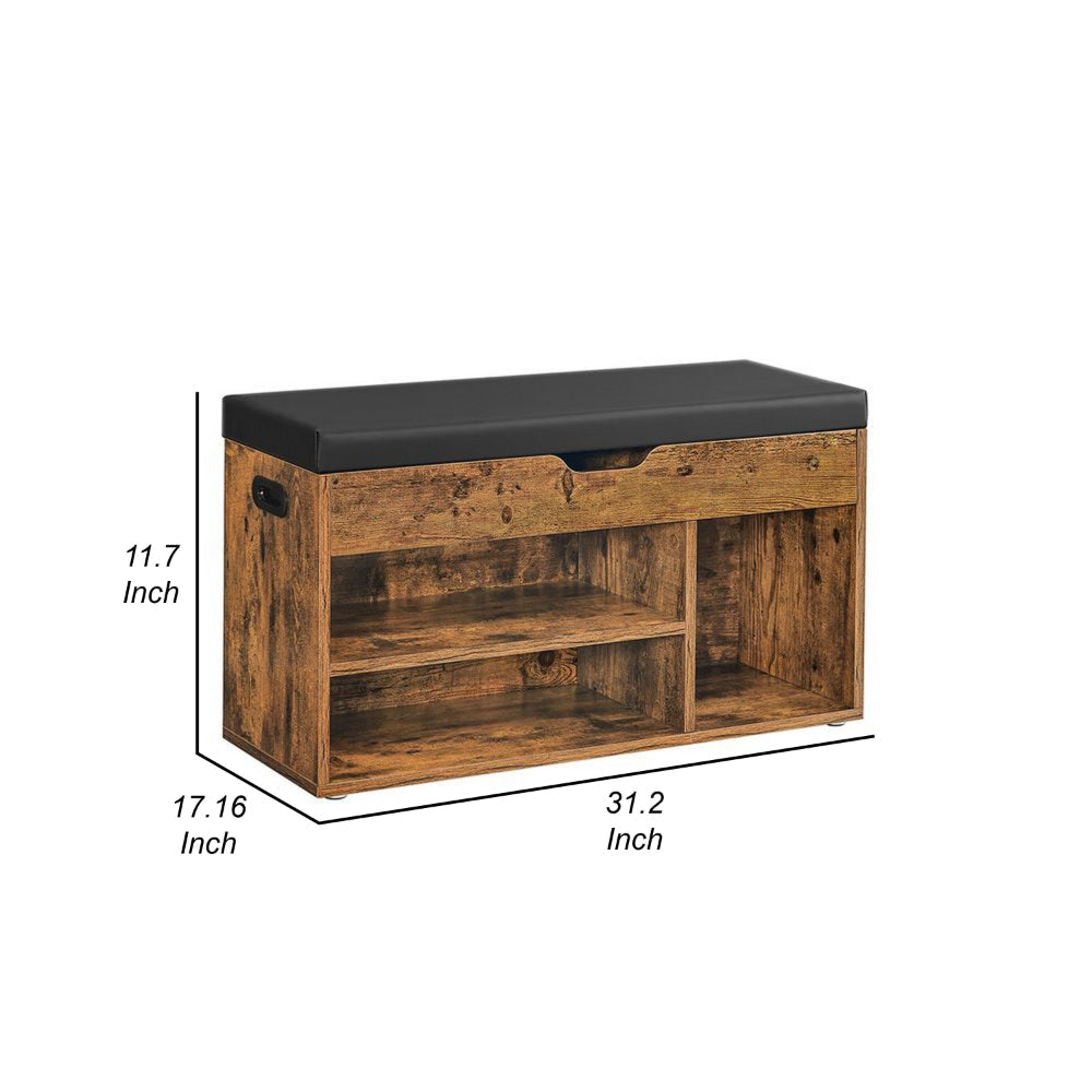 31 Inch Storage Bench with Black Padded Seat Open Shelves Brown Wood By Casagear Home BM315835