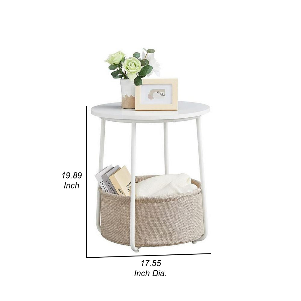 Hym 20 Inch Side End Table with Beige Fabric Basket White Round Top Steel By Casagear Home BM315840