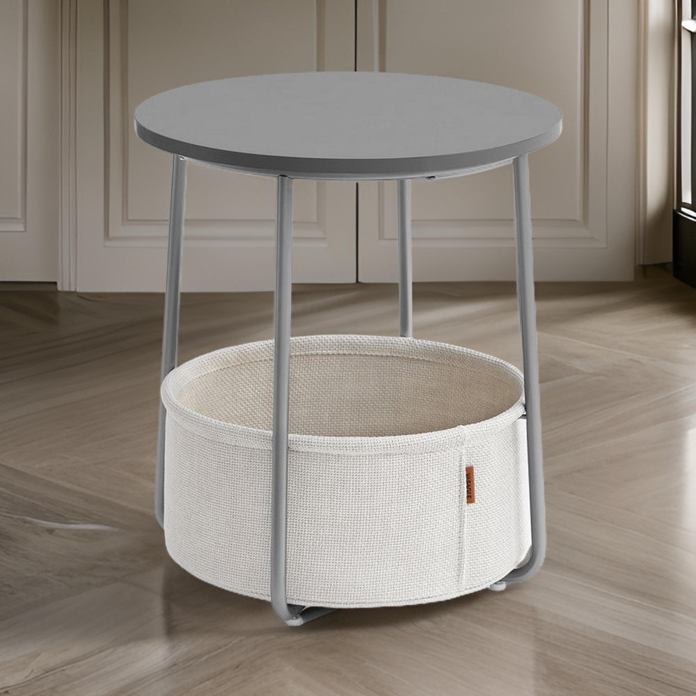 Hym 20 Inch Side End Table with White Fabric Basket, Gray Round Top, Steel By Casagear Home