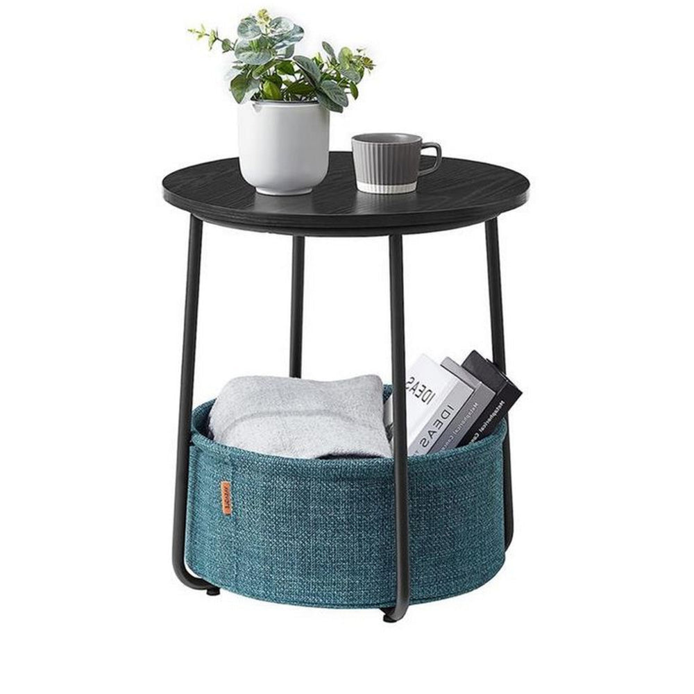 Hym 20 Inch Side End Table with Green Fabric Basket Black Round Top Steel By Casagear Home BM315842