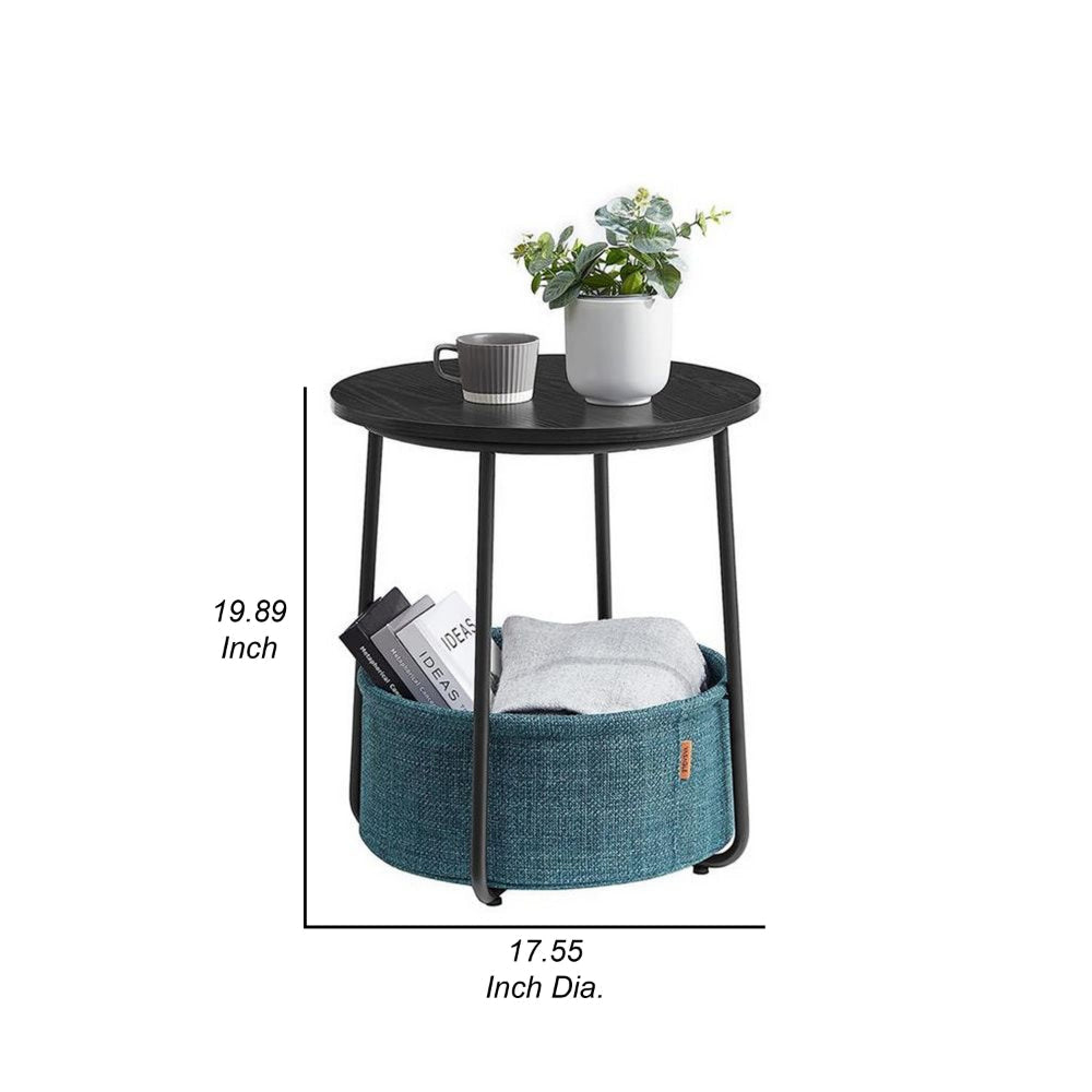 Hym 20 Inch Side End Table with Green Fabric Basket Black Round Top Steel By Casagear Home BM315842