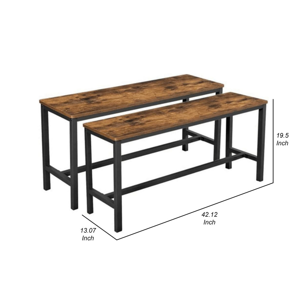 43 Inch Accent Bench Set of 2 Industrial Brown Wood Seat Black Steel By Casagear Home BM315849