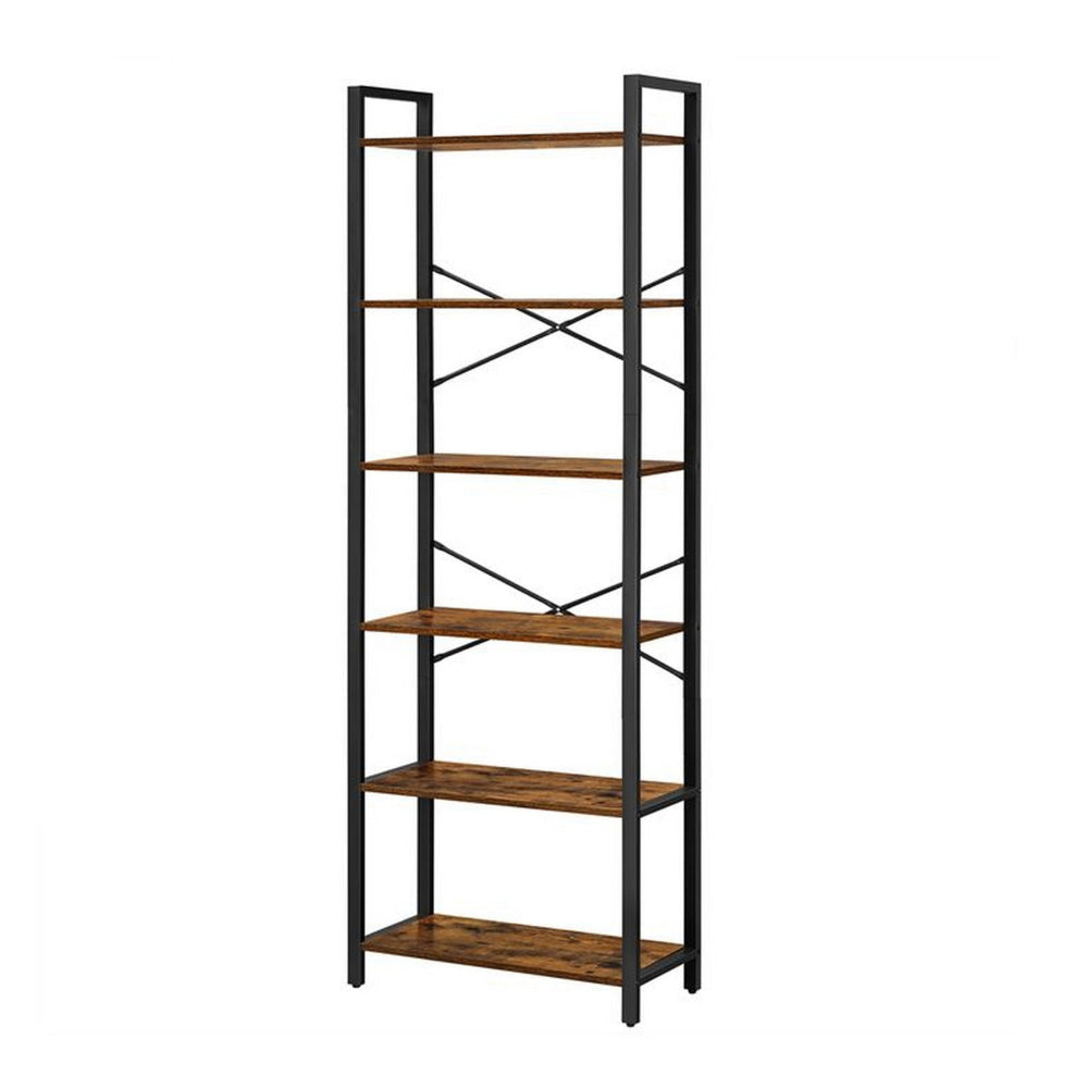 73 Inch Modern Shoe Rack 6 Open Shelves Black Metal Frame Brown Wood By Casagear Home BM315851