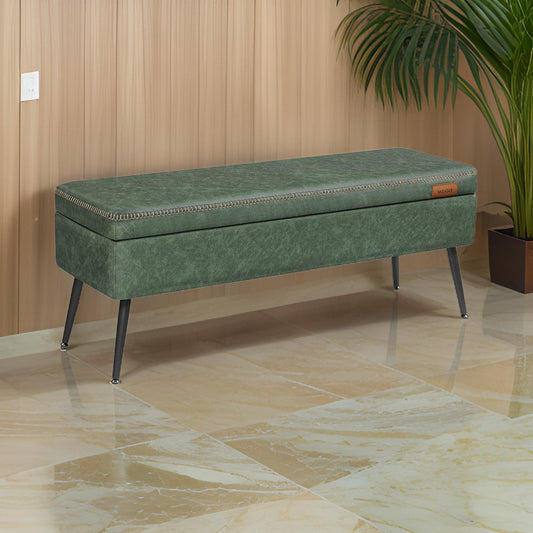 Fyn 47 Inch Storage Ottoman Bench, Black Steel Legs, Green Faux Leather By Casagear Home