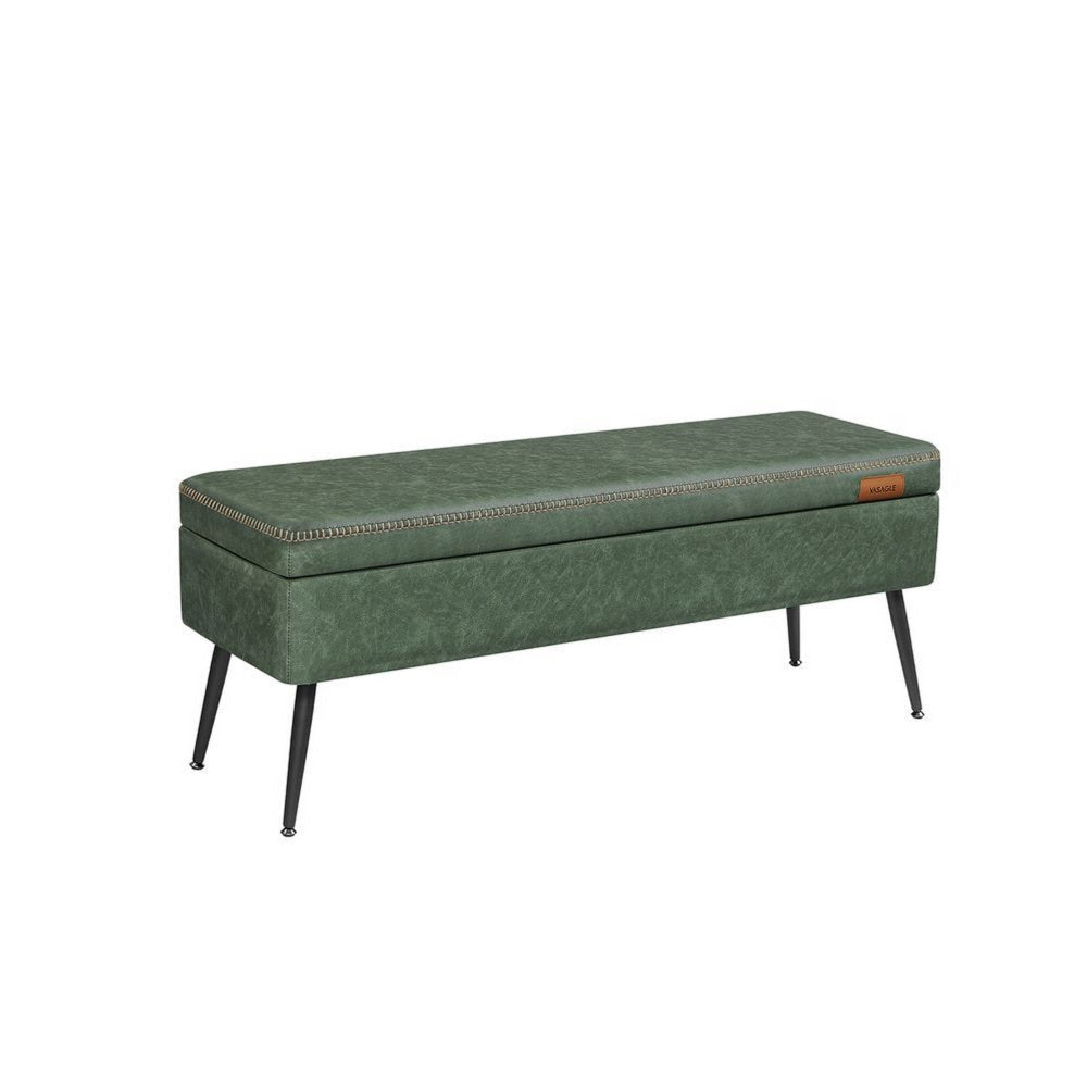 Fyn 47 Inch Storage Ottoman Bench Black Steel Legs Green Faux Leather By Casagear Home BM315853