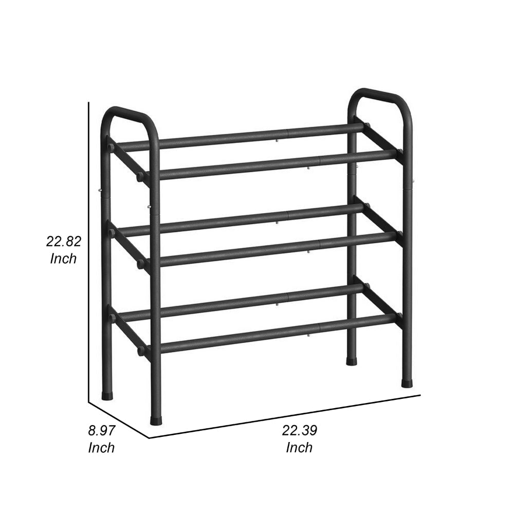 Uovi 23-33 Inch Expandable Shoe Rack 3 Shelves Curved Top Black Metal By Casagear Home BM315862