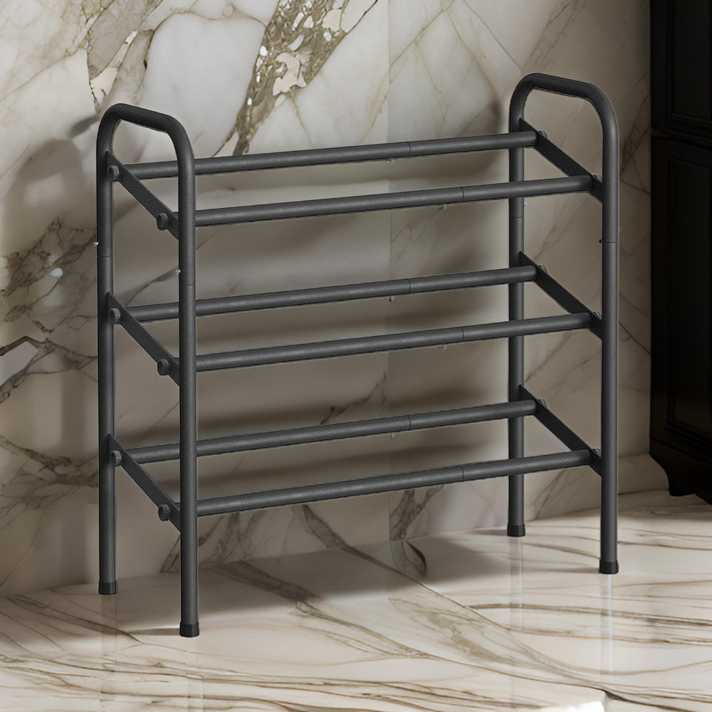 Uovi 23-33 Inch Expandable Shoe Rack, 3 Shelves, Curved Top, Black Metal By Casagear Home