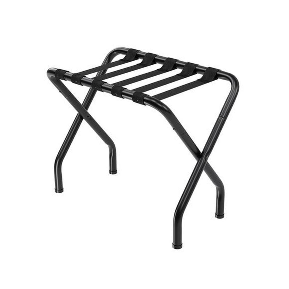 Rami 27 Inch Luggage Rack Foldable Fabric Strips Shelf Black Metal By Casagear Home BM315865