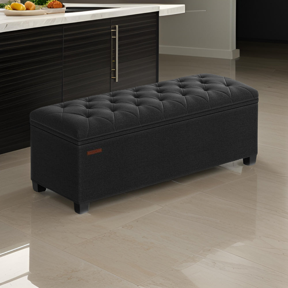 Neru 43 Inch Storage Ottoman Bench, Tufted Removable Top, Black Poly Linen By Casagear Home