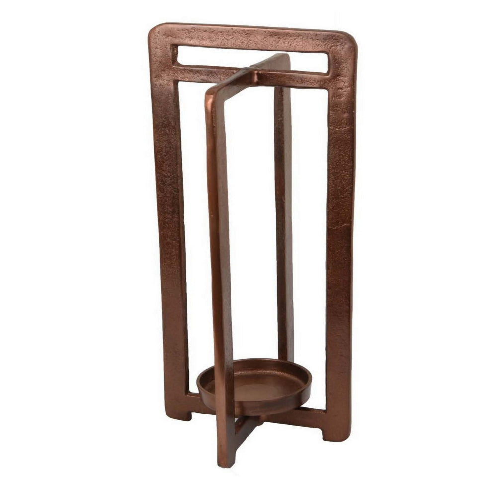 Eya 21 Inch Modern Tabletop Candle Lantern with Round Plate Copper Metal By Casagear Home BM315882