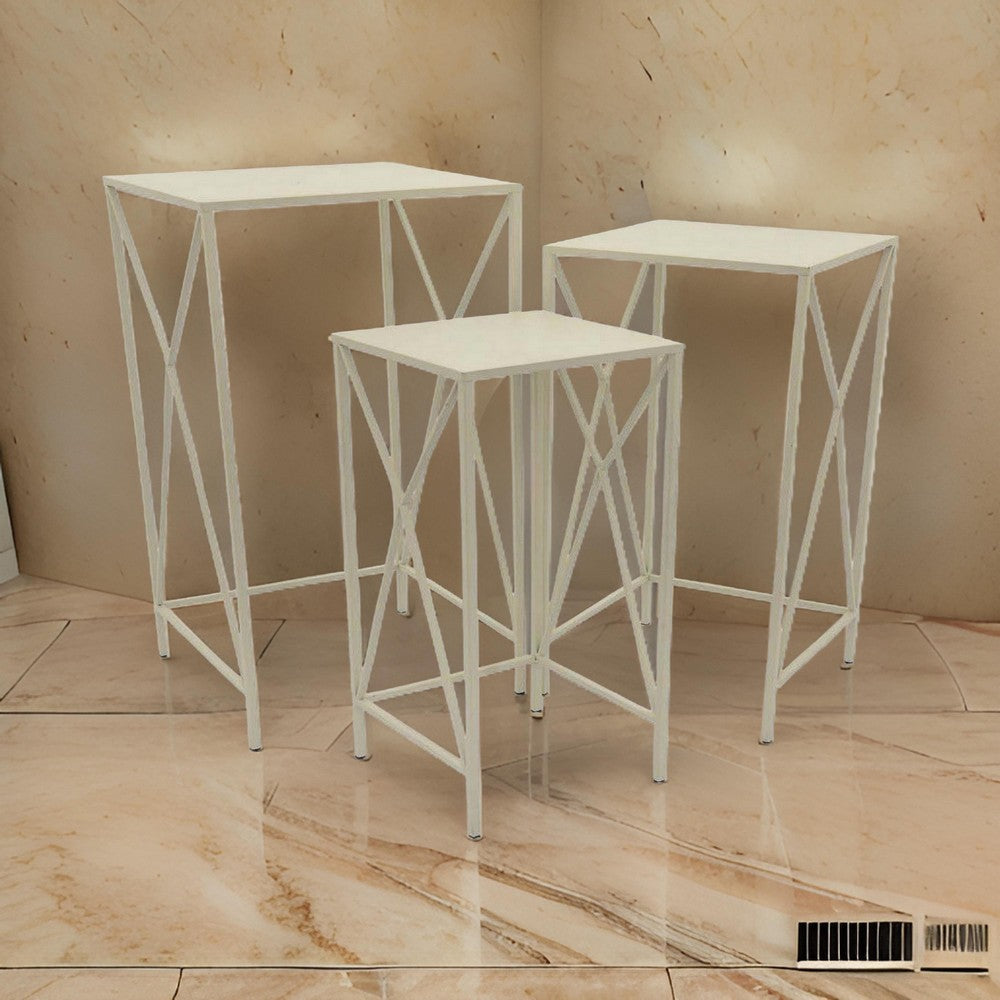 Hyan Modern Plant Stand Side Table Set of 3, Crossed White Metal Frame By Casagear Home