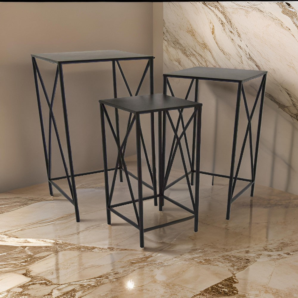 Hyan Modern Plant Stand Side Table Set of 3, Crossed Black Metal Frame By Casagear Home