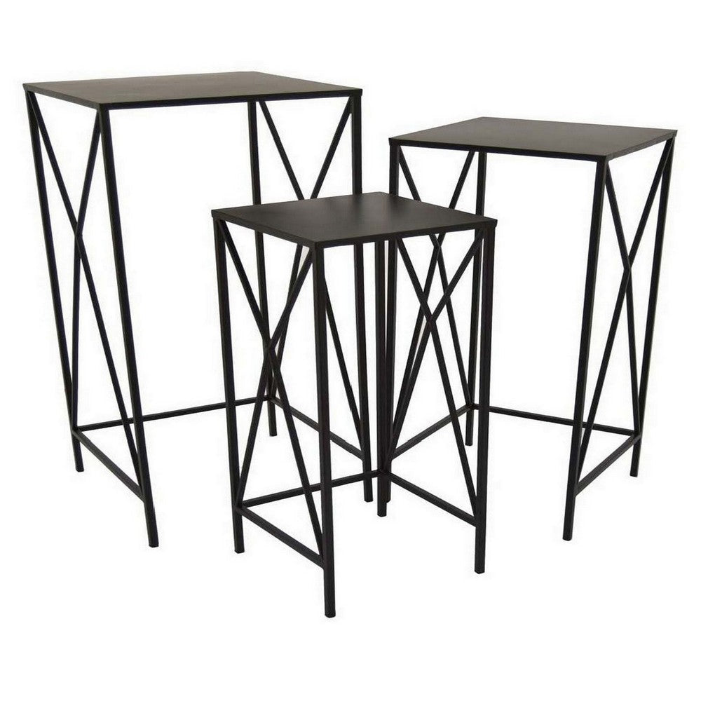 Hyan Modern Plant Stand Side Table Set of 3 Crossed Black Metal Frame By Casagear Home BM315900