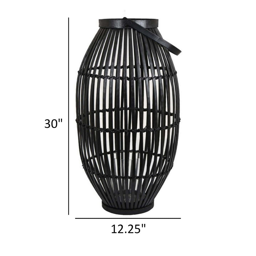 Gyna 30 Inch Modern Tabletop Lantern Woven Cylindrical Decoration Black By Casagear Home BM315903