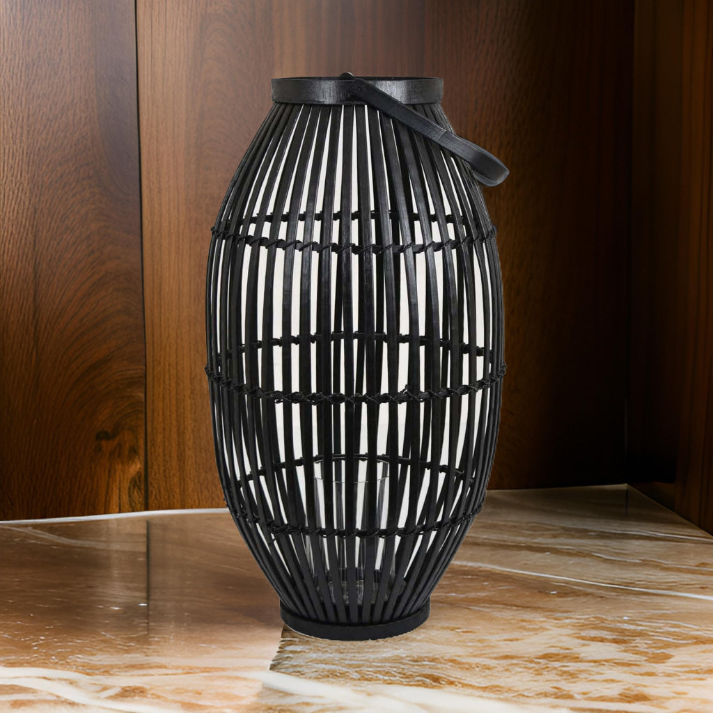 Gyna 30 Inch Modern Tabletop Lantern Woven Cylindrical Decoration Black By Casagear Home BM315903