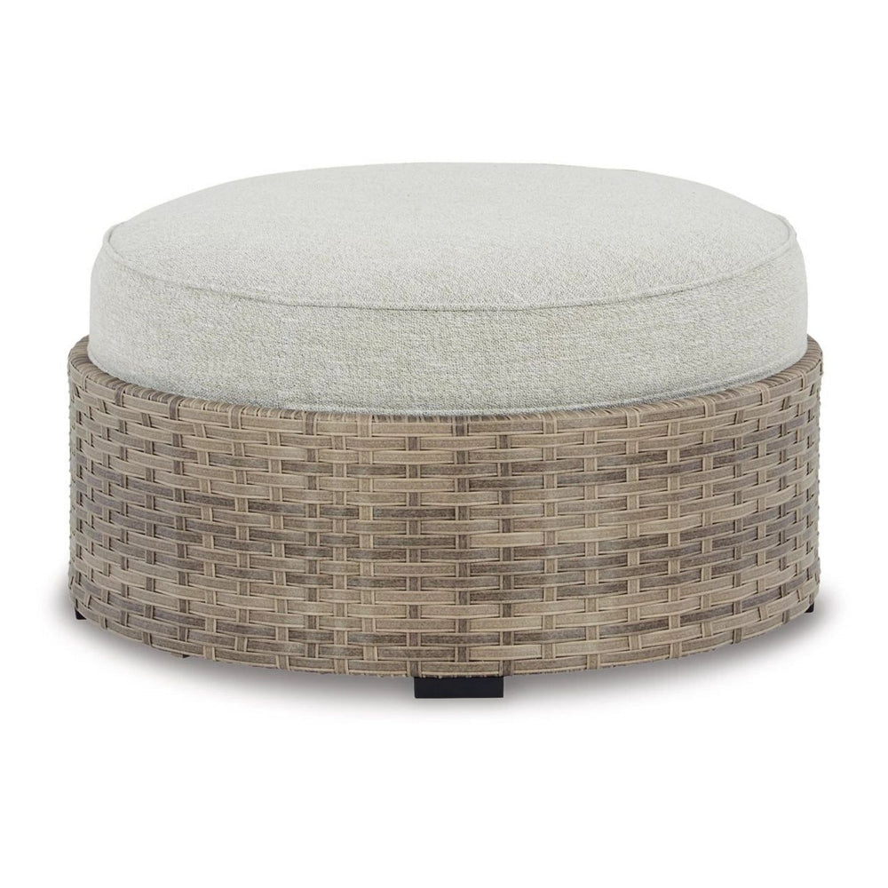 Walter 35 Inch Outdoor Ottoman with Round Cushion Top Resin Wicker Beige By Casagear Home BM315910