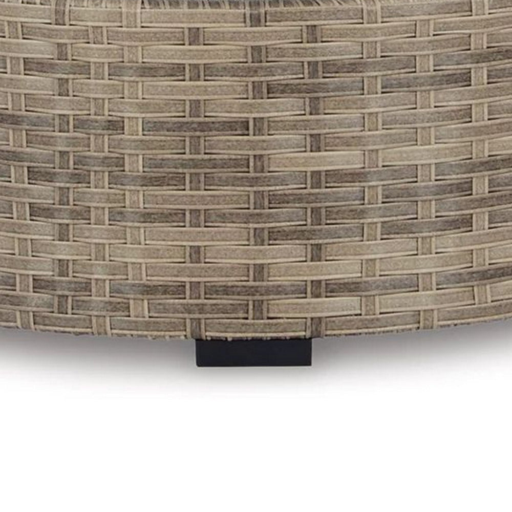 Walter 35 Inch Outdoor Ottoman with Round Cushion Top Resin Wicker Beige By Casagear Home BM315910