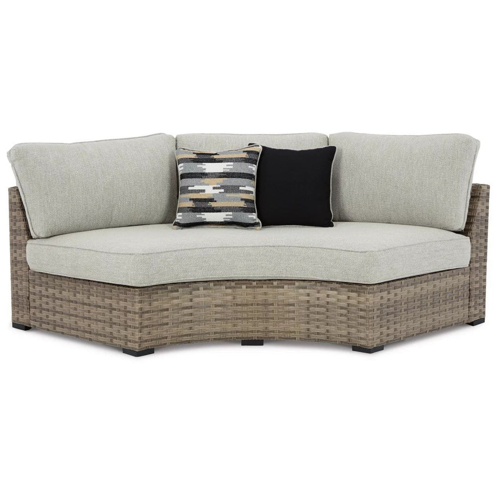 Walter 85 Inch Outdoor Loveseat Curved 2 Pillows Beige Resin Wicker By Casagear Home BM315912