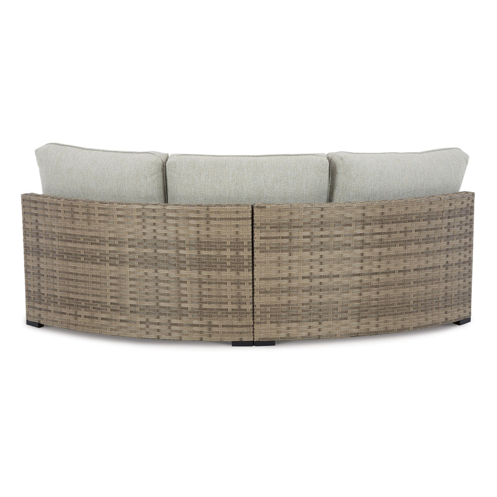 Walter 85 Inch Outdoor Loveseat Curved 2 Pillows Beige Resin Wicker By Casagear Home BM315912