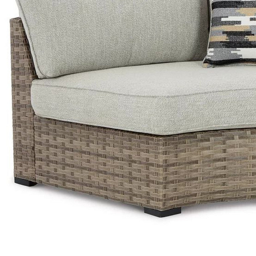 Walter 85 Inch Outdoor Loveseat, Curved, 2 Pillows, Beige Resin Wicker By Casagear Home