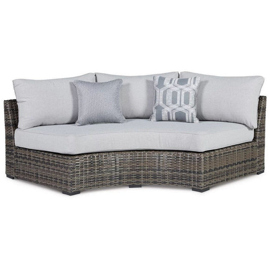 Mita 86 Inch Outdoor Loveseat, 2 Pillows, Curved Cushions Gray Resin Wicker By Casagear Home