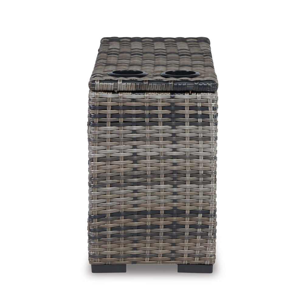 Mita 34 Inch Outdoor Console Side Table 2 Cupholders Resin Wicker Gray By Casagear Home BM315914