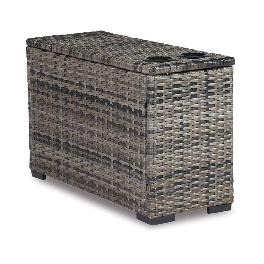 Mita 34 Inch Outdoor Console Side Table, 2 Cupholders, Resin Wicker, Gray By Casagear Home