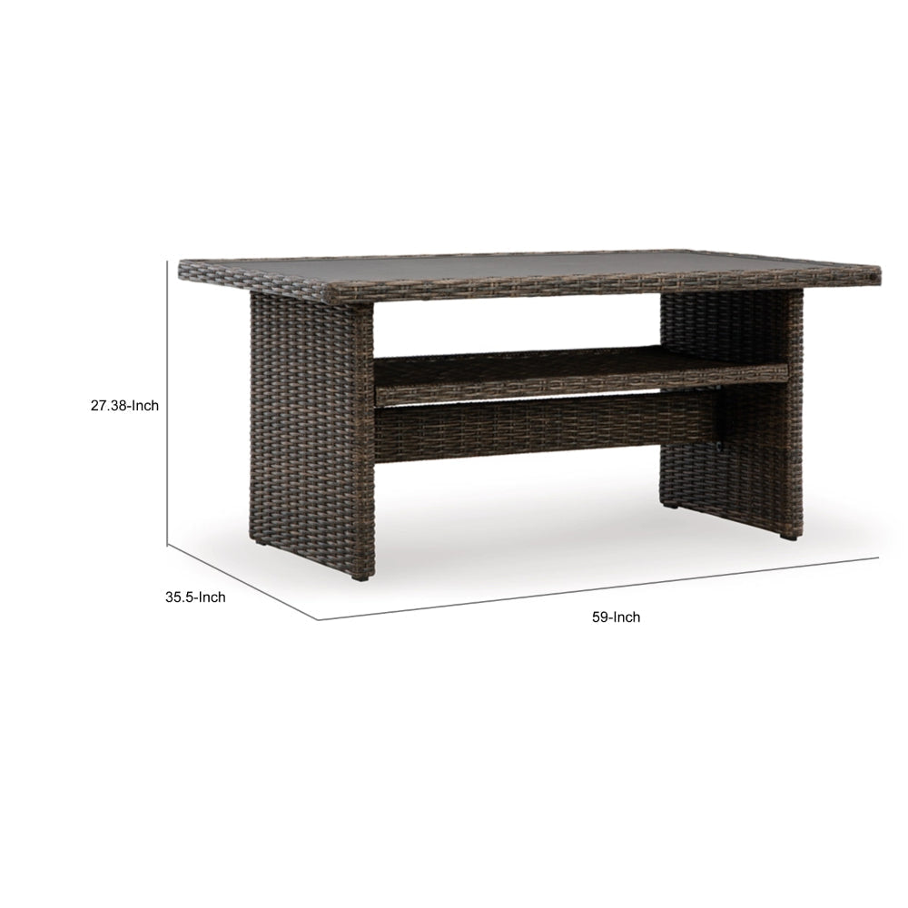 Soha 59 Inch Outdoor Multi Use Dining Table Resin Wicker with Shelf Brown By Casagear Home BM315919