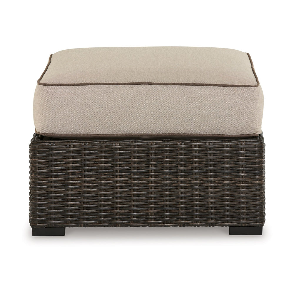 Waga 29 Inch Outdoor Ottoman Cushioned Seat Resin Wicker Brown Beige By Casagear Home BM315925