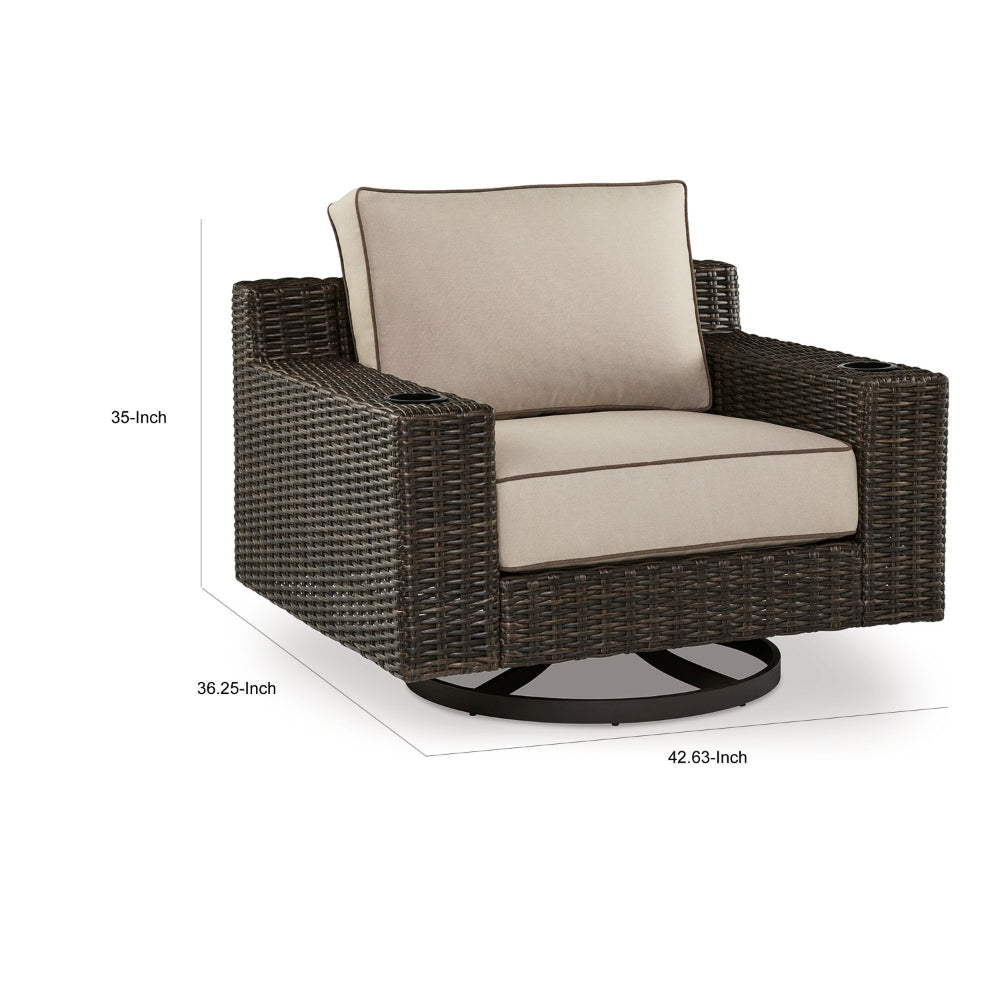 Waga 43 Inch Outdoor Swivel Lounge Chair Cupholder Brown Wicker Beige By Casagear Home BM315928