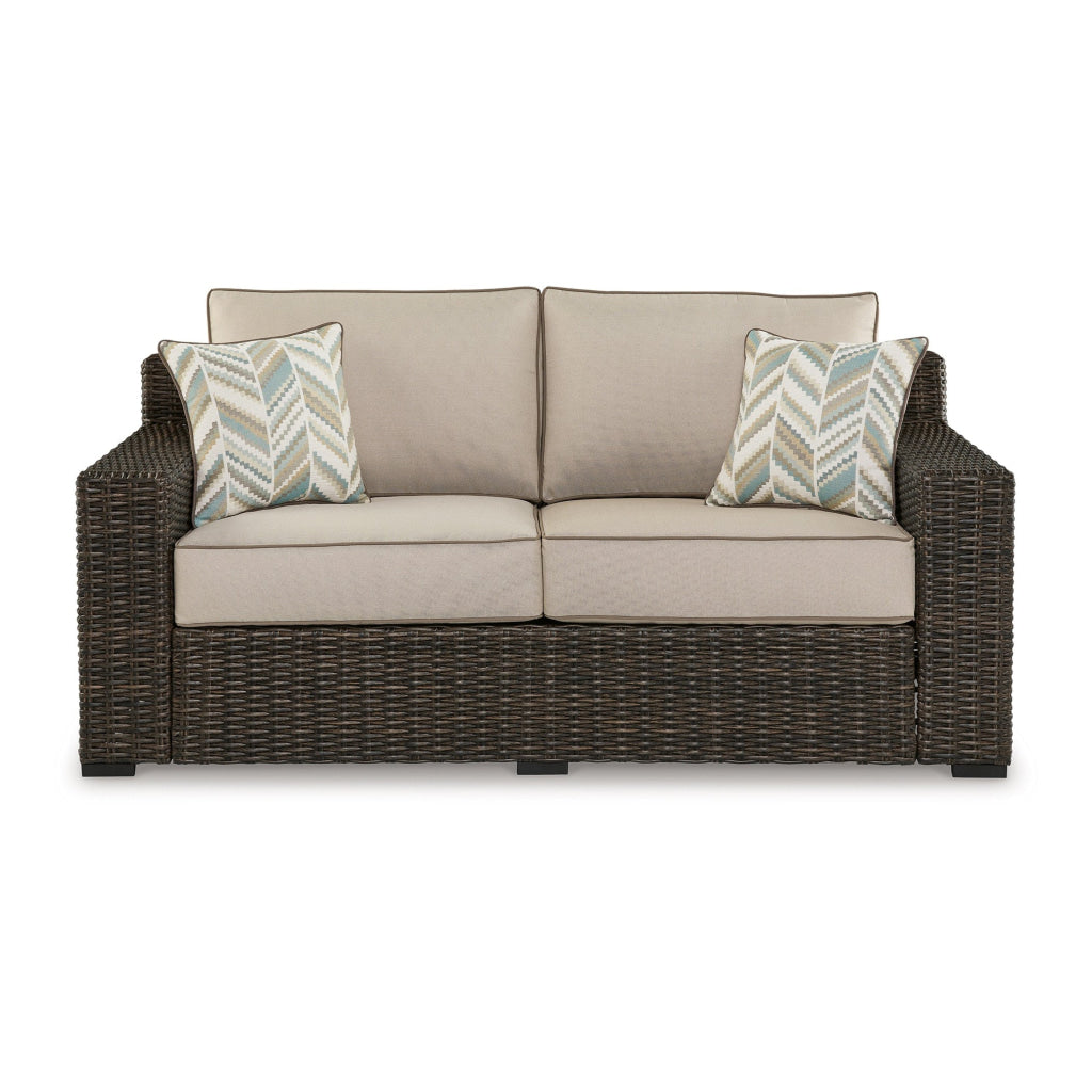 Waga 71 Inch Outdoor Loveseat, 2 Throw Pillows, Brown Resin Wicker, Beige By Casagear Home