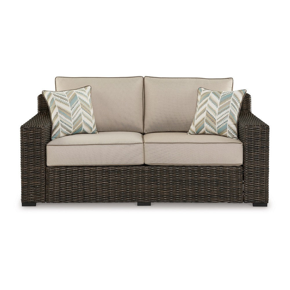 Waga 71 Inch Outdoor Loveseat 2 Throw Pillows Brown Resin Wicker Beige By Casagear Home BM315929