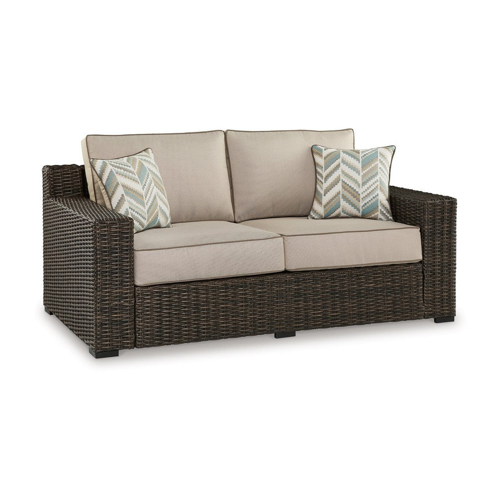 Waga 71 Inch Outdoor Loveseat, 2 Throw Pillows, Brown Resin Wicker, Beige By Casagear Home