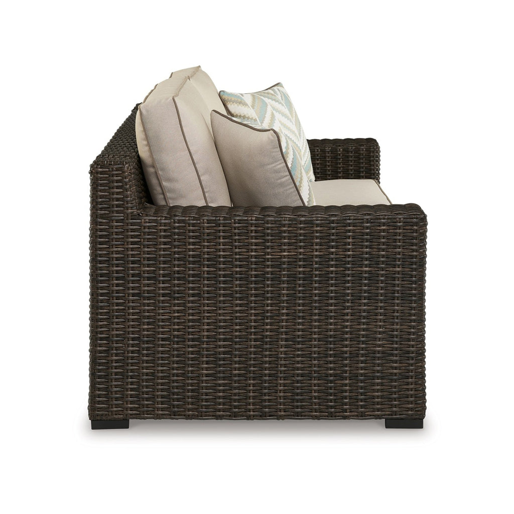 Waga 71 Inch Outdoor Loveseat 2 Throw Pillows Brown Resin Wicker Beige By Casagear Home BM315929