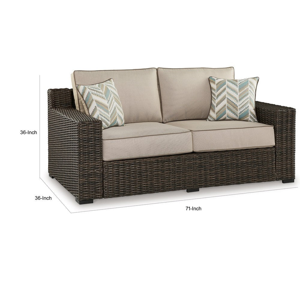 Waga 71 Inch Outdoor Loveseat 2 Throw Pillows Brown Resin Wicker Beige By Casagear Home BM315929